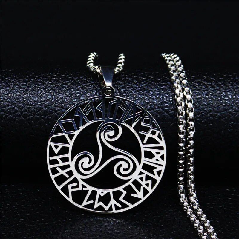 Collana in acciaio inossidabile con vortice da stregoneria, colore argento, collana con nodo celtico vichingo, triskele, spirale, gioielli N7062S02_voghion.com