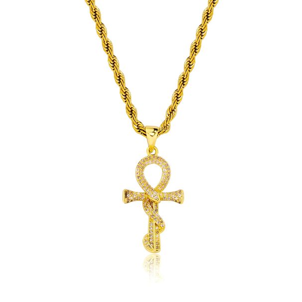 Collana con ciondolo a forma di serpente zodiacale da uomo - Catena a croce in acciaio inossidabile placcato oro con zirconi cubici, collana a strati in stile hip hop retrò per outfit alla moda_voghion.com