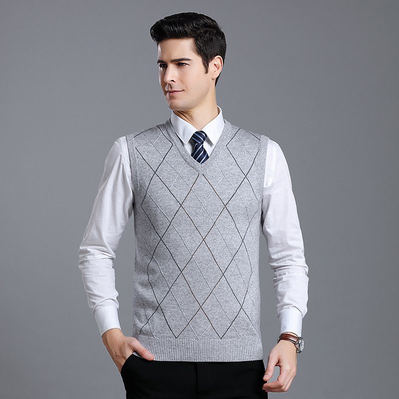 Pull sans manches en laine mélangée à col en V pour homme - Pull élégant et polyvalent pour une tenue décontractée_voghion.com