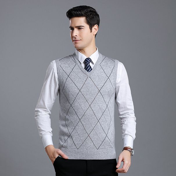 Pull sans manches en laine mélangée à col en V pour homme - Pull élégant et polyvalent pour une tenue décontractée_voghion.com