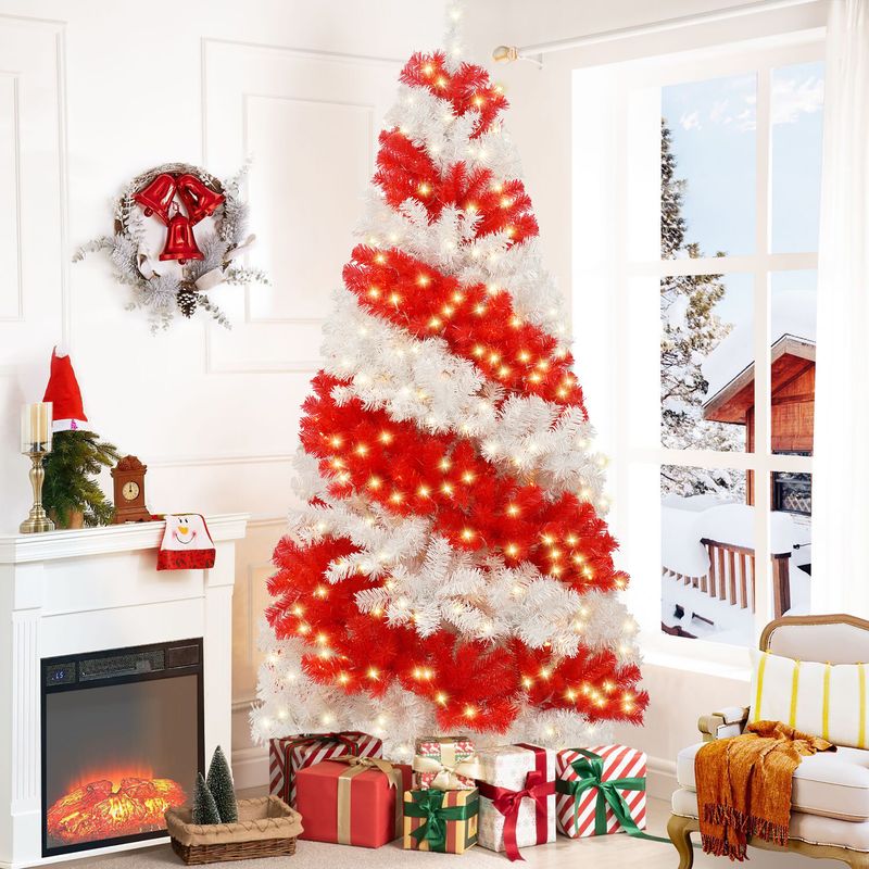 6ft Artificial Christmas Tree With 300 LED Lights And 900 Bendable Branches, Candy Cane Christmas Tree Holiday Decoration, Creative Decorated Trees, Xmas Tree Christmas Decorations_voghion.com