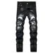 Men's Stretch Denim Pants – Distressed Black Colorblock Jeans (28-42, Mid-Rise Straight Fit With Raw Hem)_voghion.com
