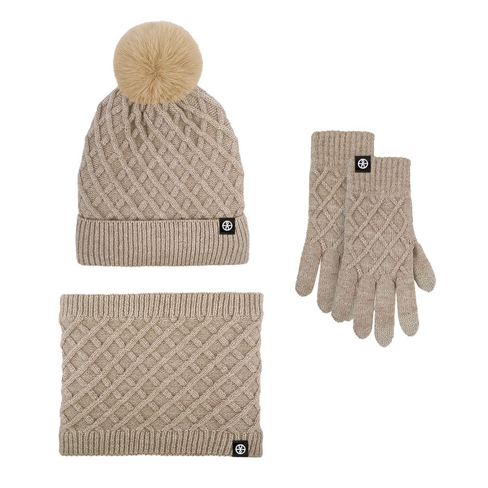 Women's Scarves Hat scarf gloves three piece set winter plus velvet outdoor warm wool ball knitted hat three piece set_voghion.com