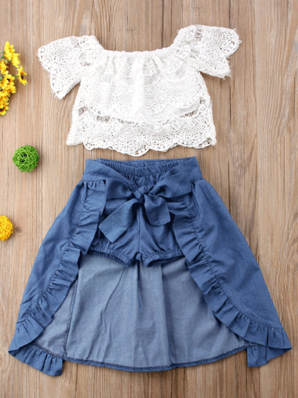 Cross Border Export Wholesale E Commerce Ins Hot Children's Clothing European And American Lace One Shoulder Top + Shorts + Skirt_voghion.com