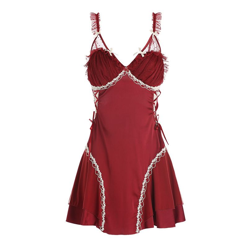 Lingerie Sexy Pure Desire Polka Dot Mesh With Chest Pads Velvet Strap Nightdress Passionate Battle Robe_voghion.com