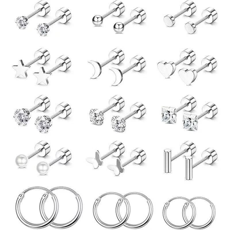 Set di orecchini in acciaio inossidabile - Orecchini a bottone a forma di torta e sfera rotonda a 4 griffe con accenti di diamanti, raffinati dettagli di filettatura_voghion.com