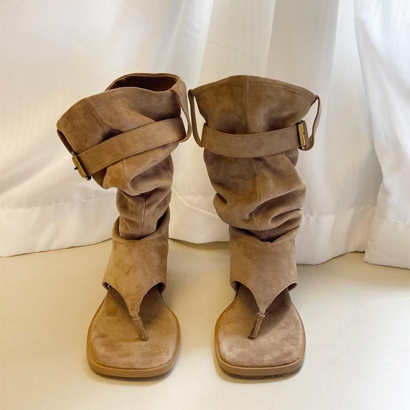 2025 Summer New Cool With Flat Bottom And Raised Toe, Clip On Sandals, Apricot Suede Pile Up Boots, Short Boots_voghion.com