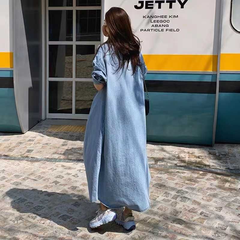 Giacca di jeans sopra il ginocchio autunnale per donna, camicia a maniche lunghe in stile BF coreano, giacca a vento casual versatile_voghion.com