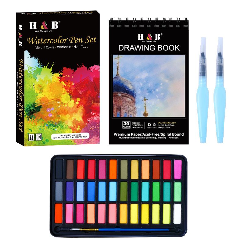 36-Color Solid Watercolor Paint Set With Water Brush For Artists, Beginners & Kids - Premium Quality Pigments For Watercolor Painting_voghion.com
