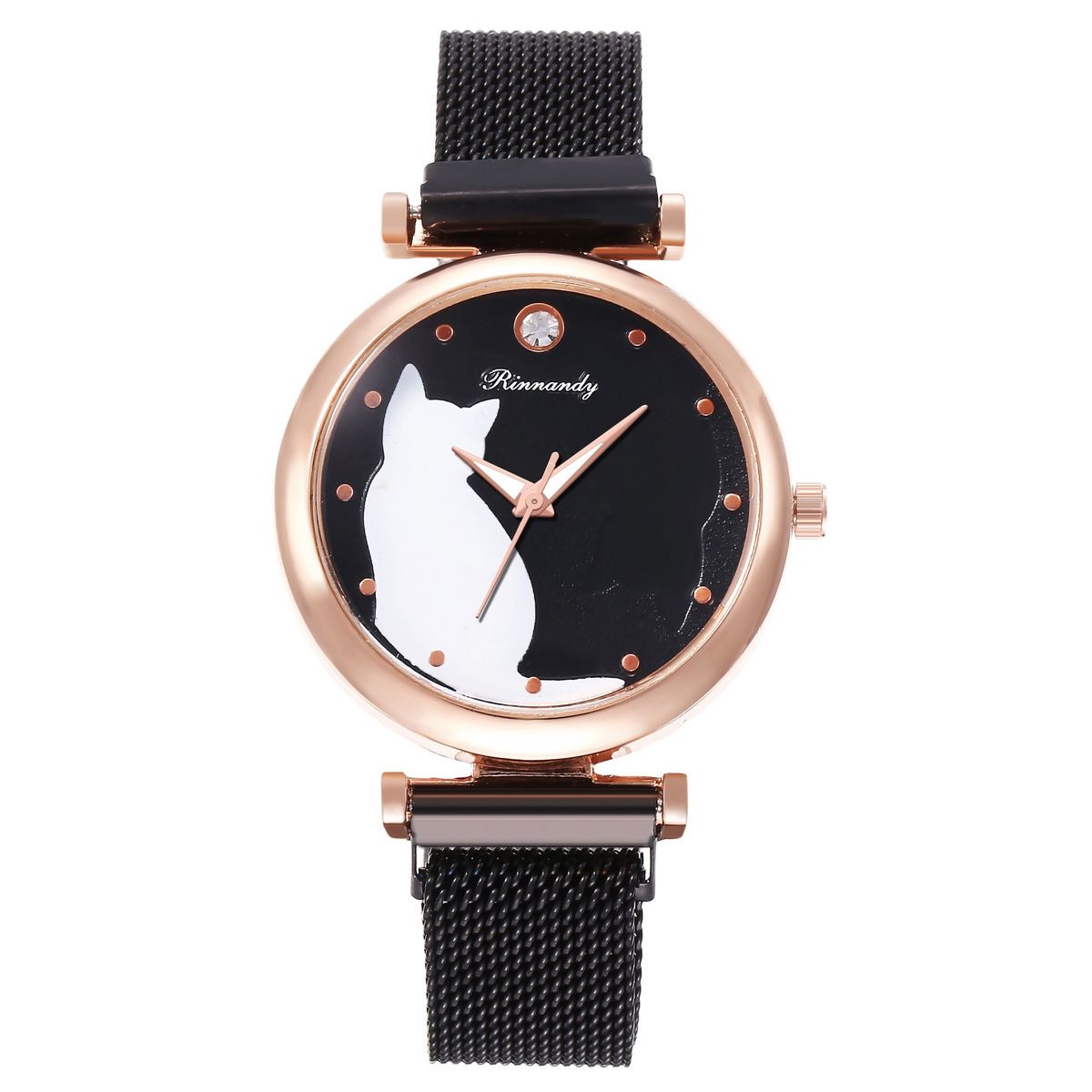 Damski elegancki zegarek studencki Mori Girl z paskiem w kolorze różowego złota i kotem_voghion.com