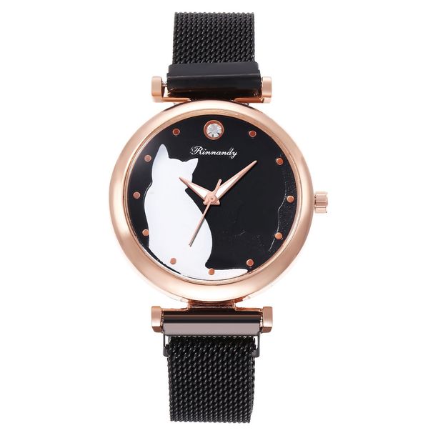 Damski elegancki zegarek studencki Mori Girl z paskiem w kolorze różowego złota i kotem_voghion.com