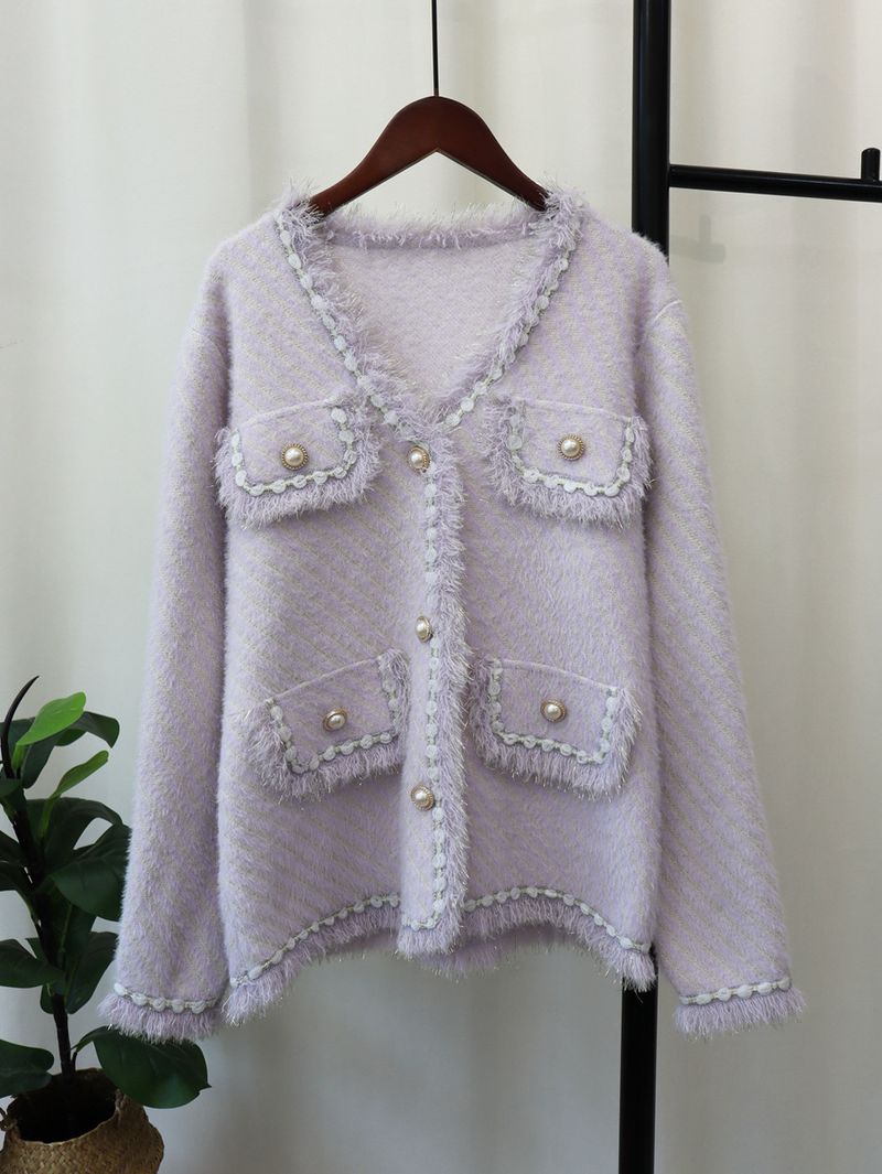 Women's Clothing version loose mink fleece knitted cardigan women's small fragrance style temperament soft waxy sweater_voghion.com