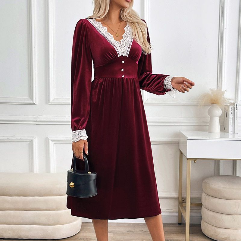 Damenbekleidung Herbst- und Winterparty Samt Langer Rock Herbst- und Winterspitze Spleißen Kontrastfarbenes Kleid_voghion.com