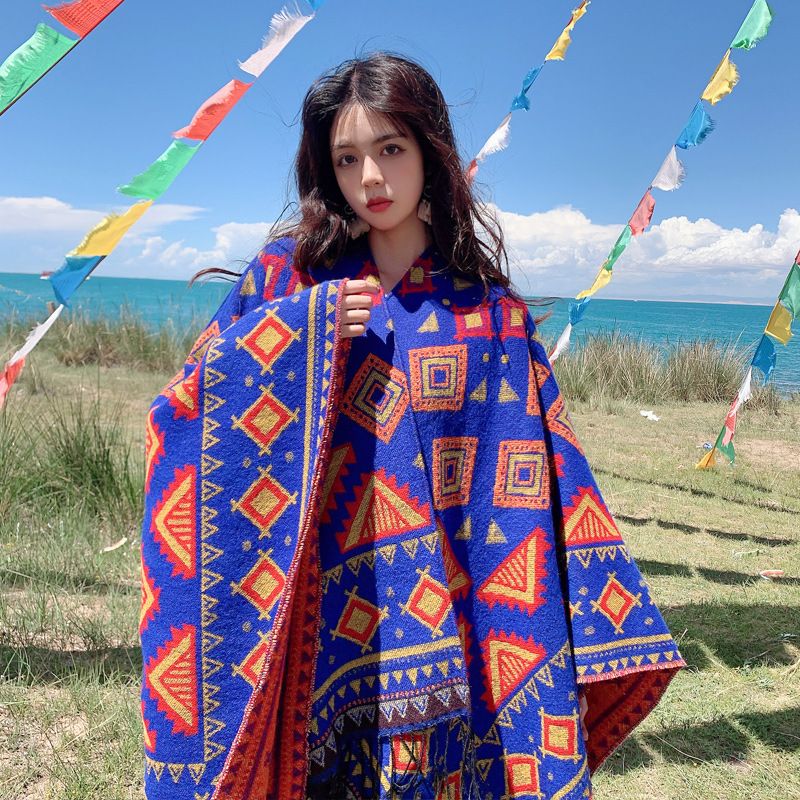 Cape cape split female autumn and winter thickened national style Xizang Qinghai Lijiang tourism knitting tassel scarf_voghion.com
