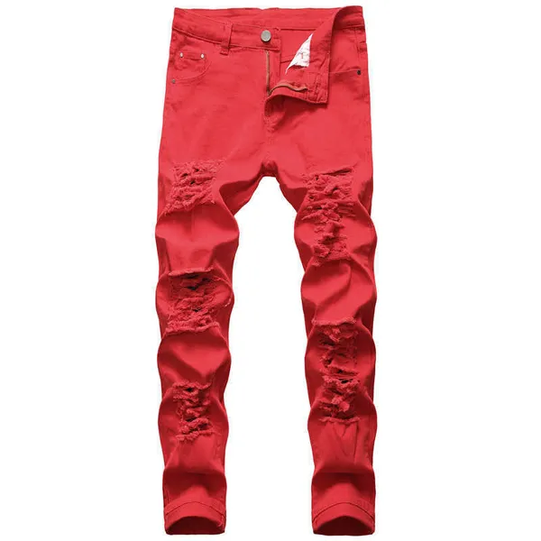 Herr Herr Slimma Herr Byxor Dragkedja Rött Hål Pencil Byxor Denim Jeans För Man Rak Hellängd T221102_voghion.com