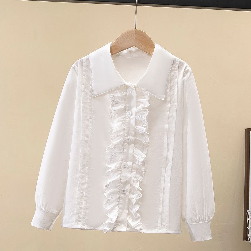 Kinderkleding Kindershirt 2024 nieuwe lente- en herfstkleding voor meisjes wit effen shirt puur katoenen topjes stijlvol dun vestje_voghion.com