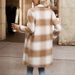 Women's Oversized Trench Coat - Vintage Checkered Wool Blend Long Coat With Notch Lapel (Khaki, S-XL)_voghion.com