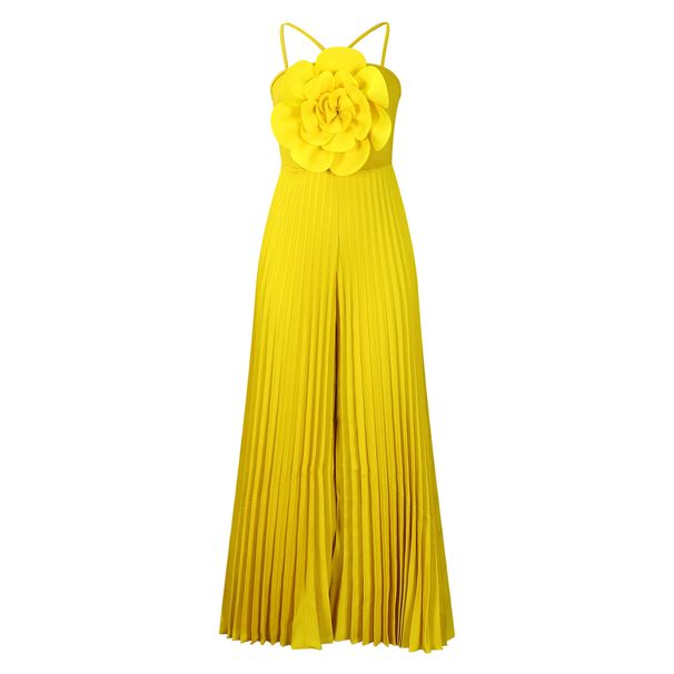 Combinaison d'été à col licou et imprimé floral tridimensionnel, couleur unie, jambes larges, grande taille_voghion.com