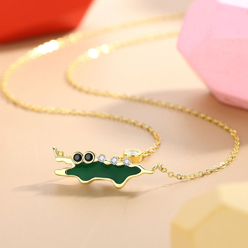 Damen Bijouset Moud Kleng Krokodil Halskette Sterling Sëlwer 14K Gold Kreativ Nisch Meedchen Häerz Schléissebeenkette Email Drëps Glue Halskette_voghion.com