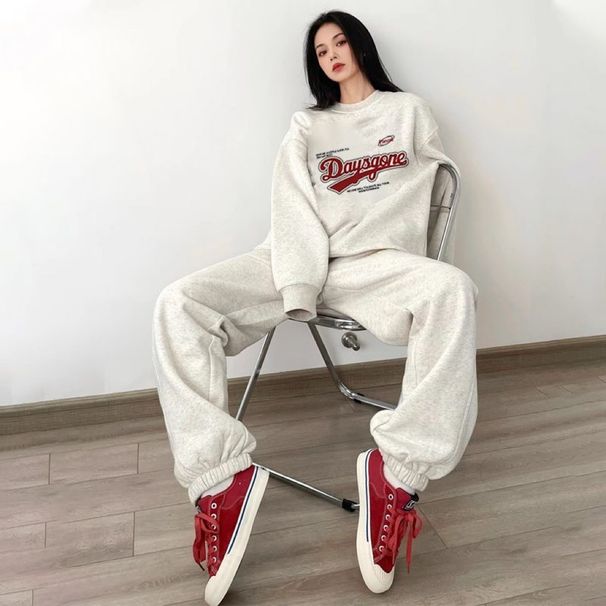 Vintage-Inspired Women's Casual Tracksuit Set - Loose Fit Hoodie & Jogger Pants, Comfortable Polyester Fabric, 3D Print Design, S-XXL (Grey)_voghion.com