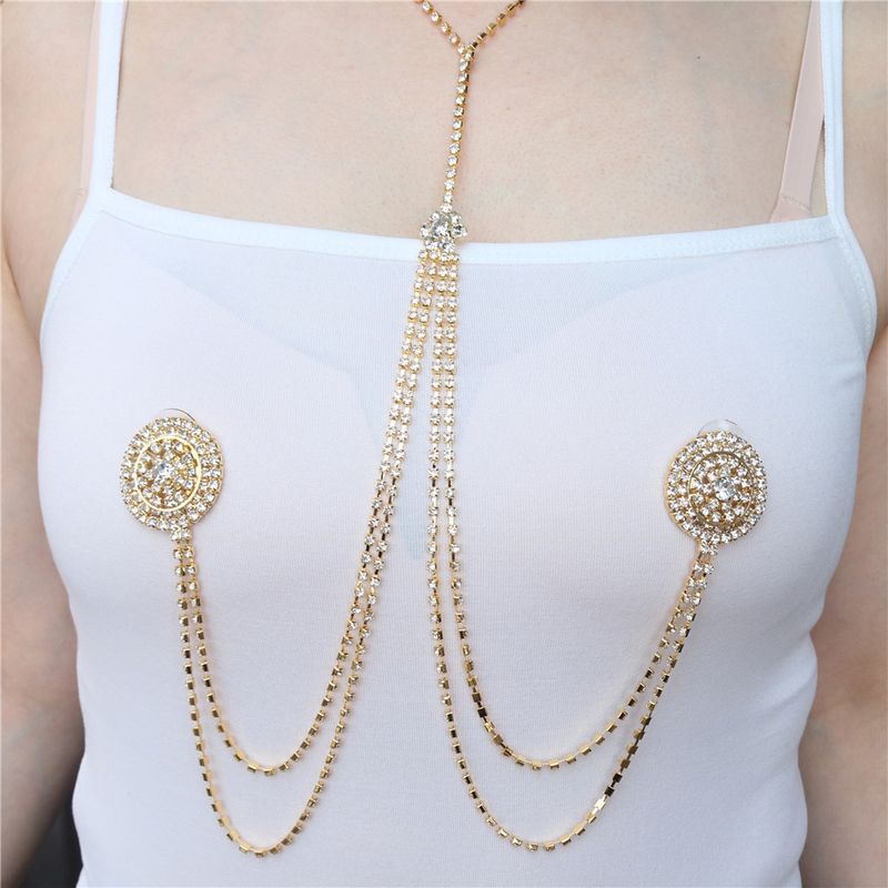 New round chest patch with sexy playful rhinestone tassel hanging neck and body chain accessories for women_voghion.com