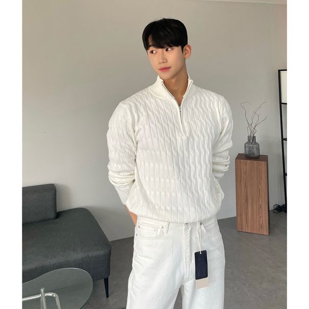 Νέο μοντέρνο και κομψό πουλόβερ με φερμουάρ και ημι-ψηλή λαιμόκοψη, ανδρικό πλεκτό πουλόβερ με μακριά μανίκια και ευέλικτο μπουφάν_voghion.com