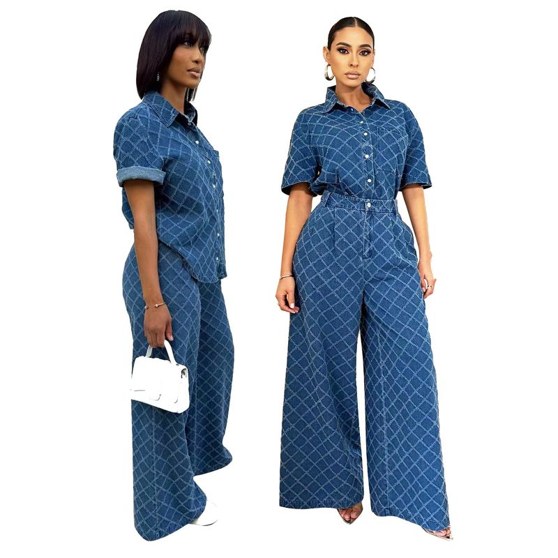 Dametøj afslappet plaid vasket denim flared buksedragt_voghion.com