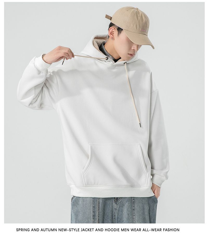 Autumn and winter new plush hoodie with long sleeves, lamb cashmere, solid color, loose fitting shoulder style for men_voghion.com