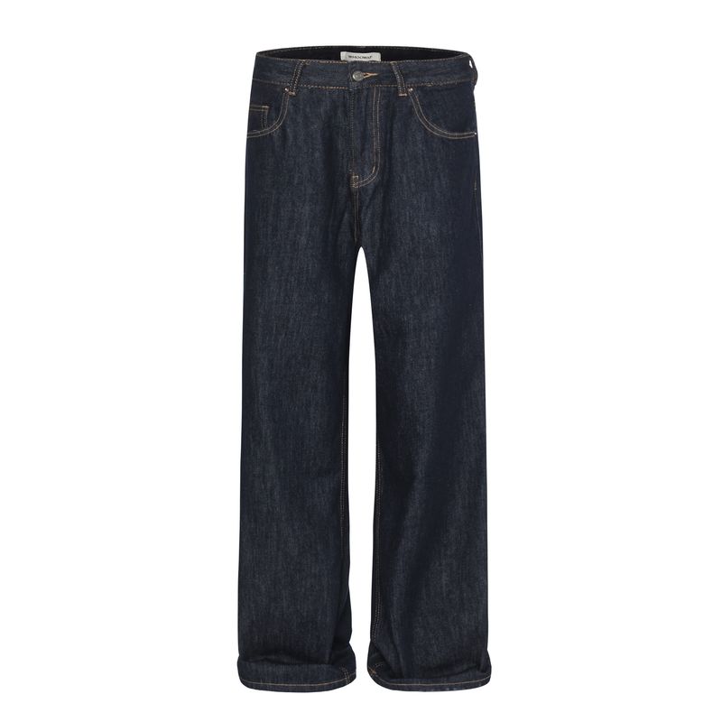 Jeans da uomo blu scuro con cuciture a contrasto lavati, vestibilità slim, vestibilità casual, etichetta in pelle, dritti_voghion.com