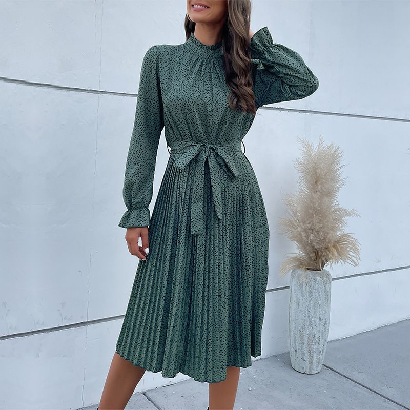 Printed Long-sleeved Lace-up Pleated Dress_voghion.com