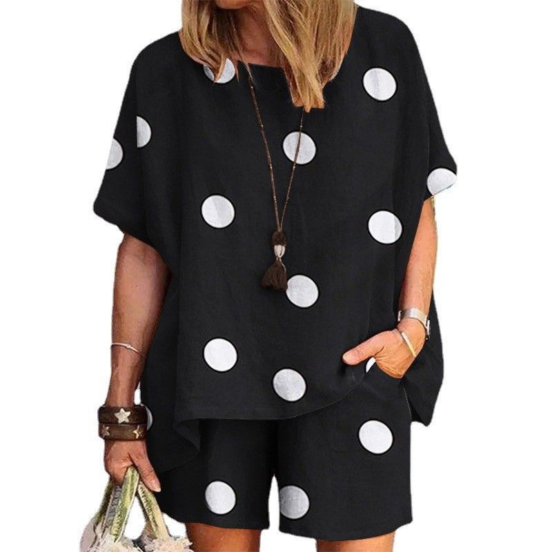  women's clothing =polka dot print round neck loose short sleeve shorts two-piece suit_voghion.com