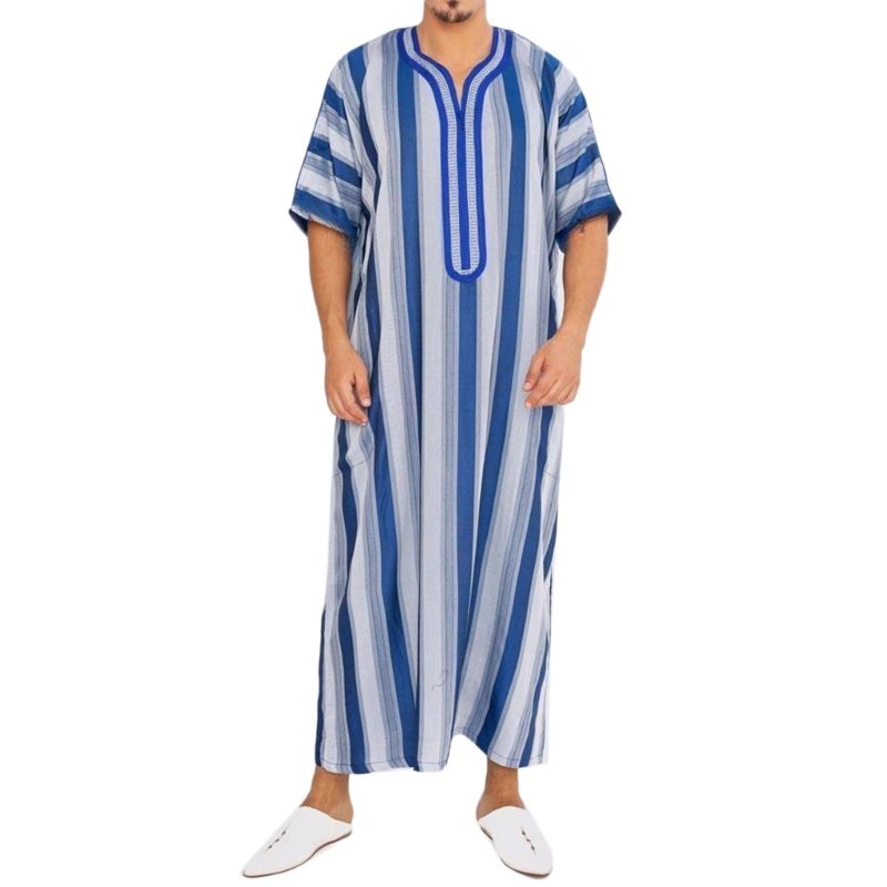 Robe rayée à manches courtes pour homme, vêtement traditionnel musulman, style moyen-oriental, caftan arabe saoudien_voghion.com