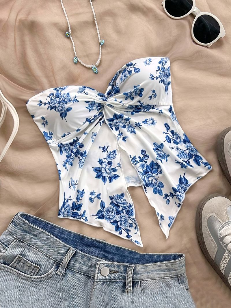 Women’s Clothing Printed Asymmetrical Hem Vest Holiday Style Wrapped Chest Cross Strapless Top Off Shoulder Top_voghion.com