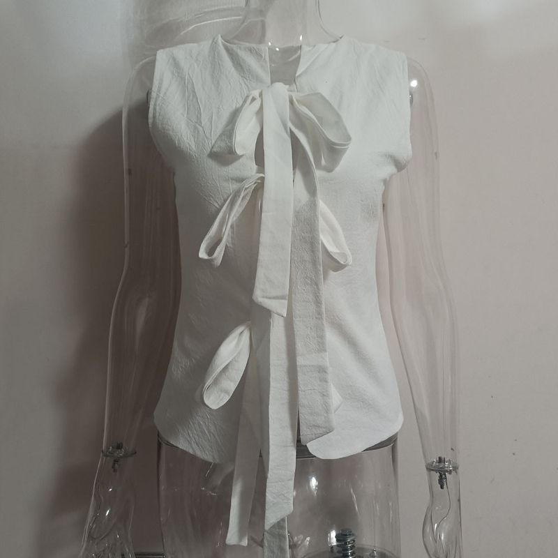 Women's Clothing Neck Sleeveless Lace Up Slim Fitting Top New Summer Bandage Shirt_voghion.com