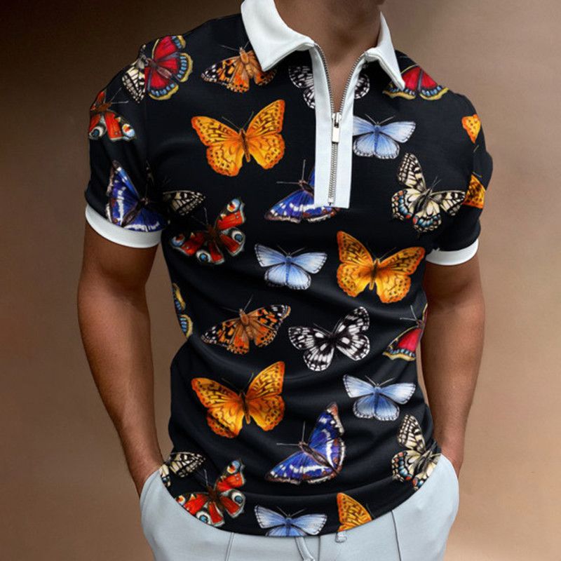 T-shirt da uomo a maniche corte casual con risvolto con stampa farfalla 3D_voghion.com