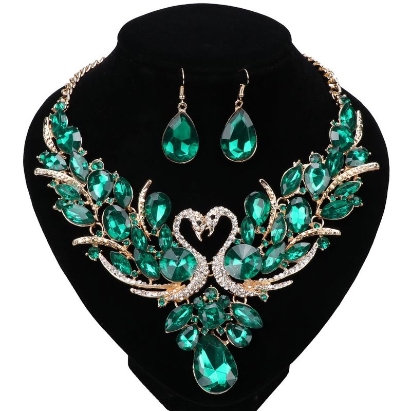 Luxury Gold Color Green Crystal New Double Swan Statement Necklace Earring For Women Party Wedding Jewelry Sets_voghion.com