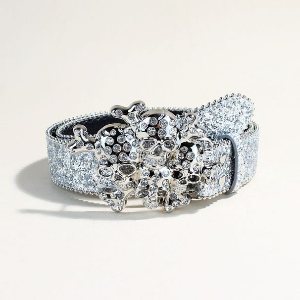 Cintura punk gotica - Fibbia con teschio in strass luccicanti | Cintura unisex con borchie | Cinturino regolabile in pelle nera (larghezza 3,8 cm, adatta a girovita da 71 a 101 cm)_voghion.com