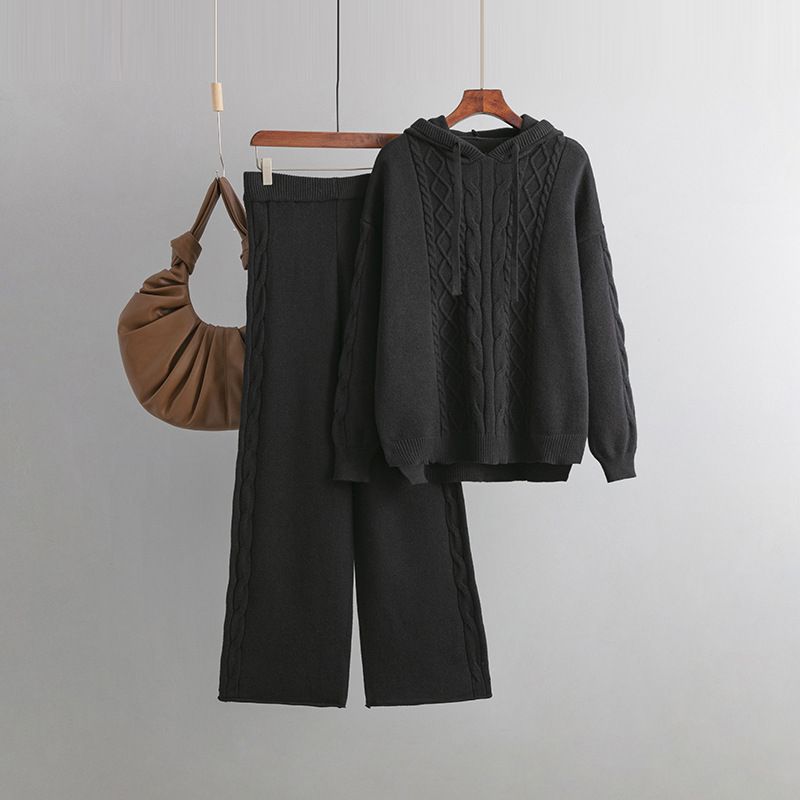 Damkläder Höst- och vinterkläder ny design sense suit dragsko huva lös tröja + drapering vida benbyxor twist tvådelade_voghion.com