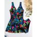 Completo da bagno taglie forti per donna - Tankini con stampa floreale semplice e slip a pantaloncino (contenitore pancia UPF 50+)_voghion.com