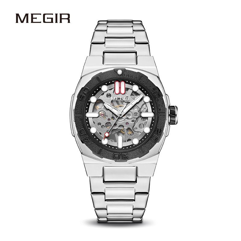 Reloj automático esqueleto MEGIR para hombre con correa de acero inoxidable, resistente al agua, manecillas luminosas, esfera de 48 mm, elegante reloj mecánico para hombre._voghion.com