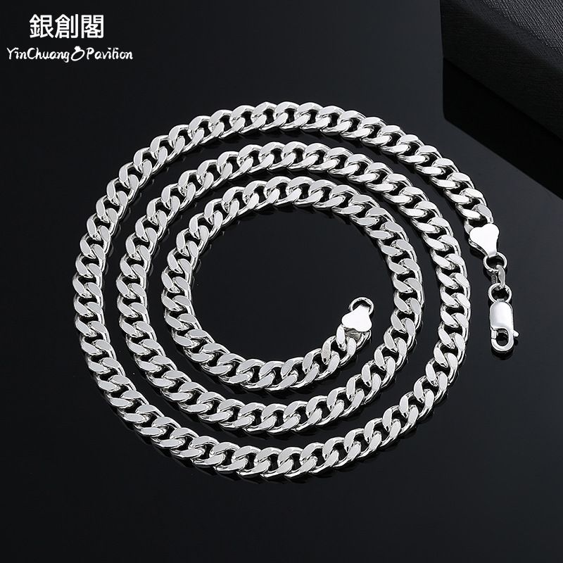 999 Pure Silver Necklace Simple Cuban Trendy Light Luxury Niche High-end Side Chain Gift_voghion.com