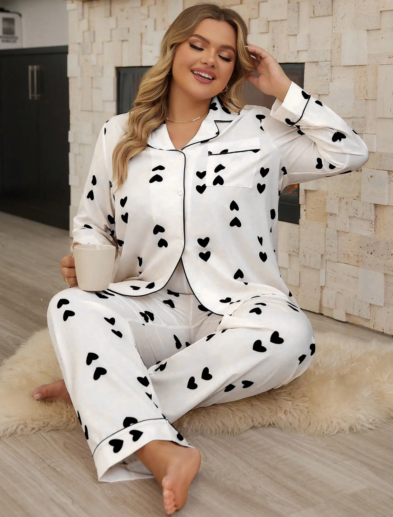 Large pajamas, new waffle style cardigan, long sleeved pants, heart-shaped sweet home suit set, can be worn outside_voghion.com