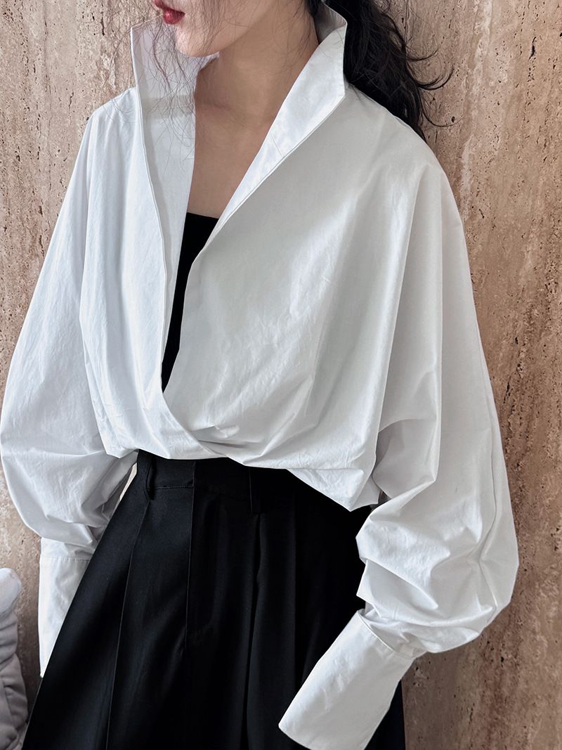Camicia oversize con maniche a pipistrello da donna - Top tunica con scollo a V rilassato in cotone australiano per abbigliamento casual e da ufficio_voghion.com