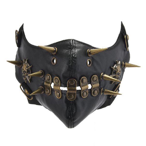 Studded Punk Spike Skull Personality Trendy Black Accessory Leather Mask_voghion.com