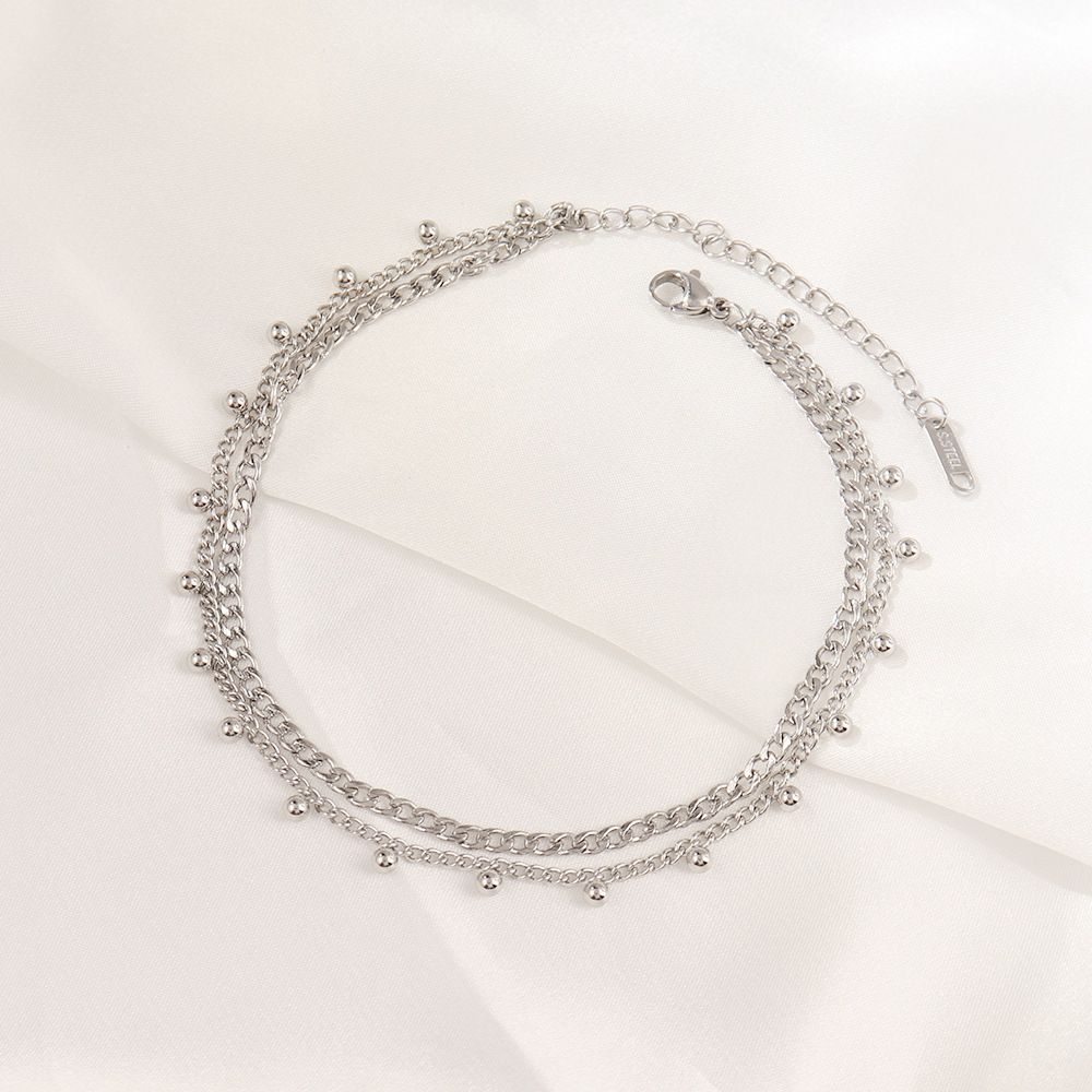 Cavigliera classica alla moda in acciaio inossidabile con perline rotonde e nappa, a doppio strato, per donna, da spiaggia, gioielli per i piedi_voghion.com