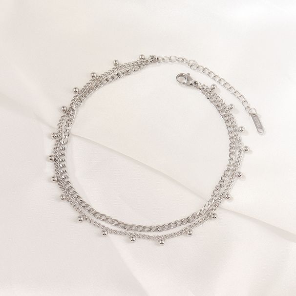 Cavigliera classica alla moda in acciaio inossidabile con perline rotonde e nappa, a doppio strato, per donna, da spiaggia, gioielli per i piedi_voghion.com