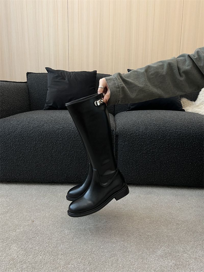 2024 Herbst/Winter Neue Runde Kopf Metall Schnalle Hinten Zipper Hohe Dicke Ferse Ritter Hohe Lange Stiefel Für Frauen_voghion.com