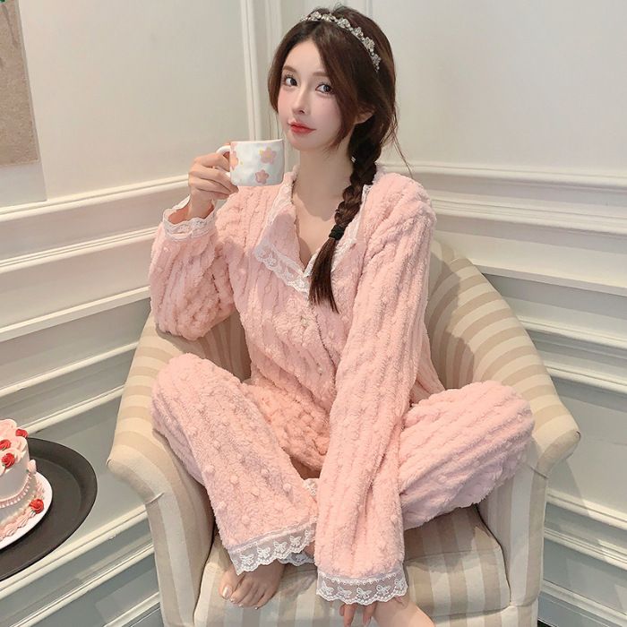 2024 Nueva versión coreana Simple Invierno Jacquard Pijama de felpa Mujeres Encaje Princesa Estilo Dulce Conjunto de muebles para el hogar_voghion.com