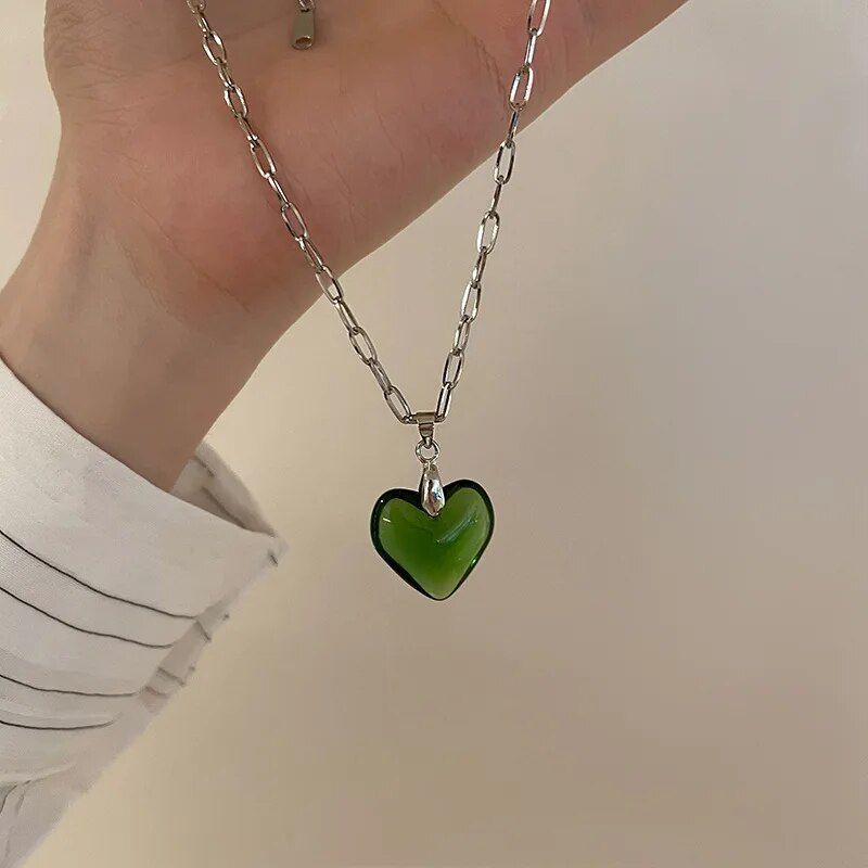 Green black zebra mature glass heart pendant titanium steel chain necklaces for women neck mature unusual necklace aesthetic jewelry_voghion.com