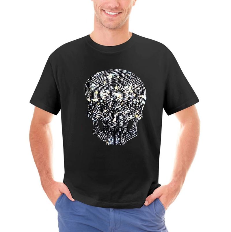 Heren Shining Hot Drilg Zwart Fashion Grafisch Homme Rhie Schedel T-shirt O Hals Bedrukt T-shirt_voghion.com